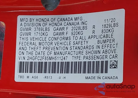 2021 Honda Civic Sport from USA, damaged, VIN 2HGFC2F85MH511247